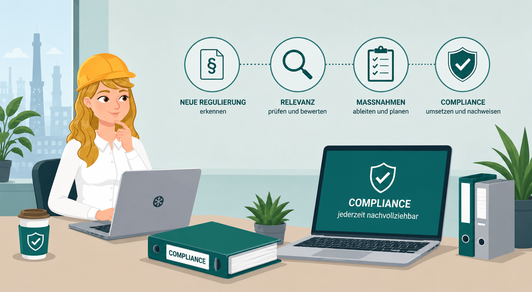 Illustration einer Compliance-Verantwortlichen am Laptop mit grafischem Prozess zur Umsetzung neuer regulatorischer Anforderungen – von Gesetzesänderung über Bewertung bis zur Compliance-Dokumentation.
