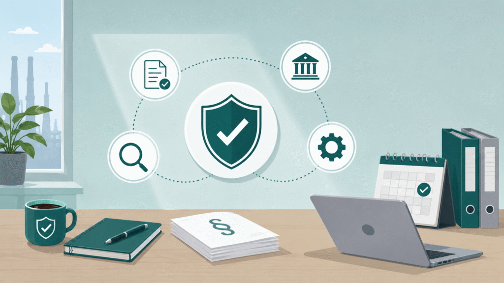 Minimalistische Illustration eines strukturierten Compliance-Systems mit Dokumenten, Kalender, Laptop und Schutzsymbol zur Darstellung regulatorischer Überwachung und nachvollziehbarer Prozesse.