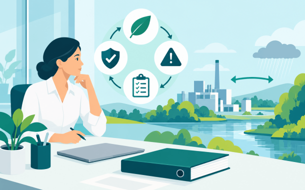 Illustration einer HSE-Verantwortlichen am Schreibtisch, darüber ein Kreislauf aus Umwelt, Risiko, Kontrolle und Nachweis, verbunden mit Fabrik und Fluss im Fenster.