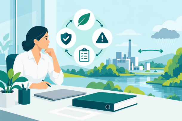 Illustration einer HSE-Verantwortlichen am Schreibtisch, darüber ein Kreislauf aus Umwelt, Risiko, Kontrolle und Nachweis, verbunden mit Fabrik und Fluss im Fenster.